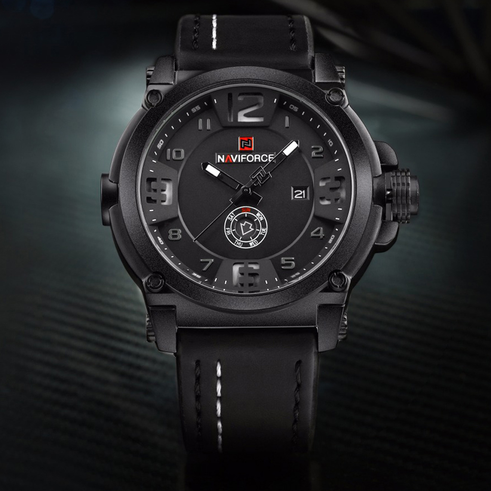 NAVIFORCE Mens Watches Top Brand Luxury Sport Quartz-Watch Leather Strap Clock Men Waterproof ...