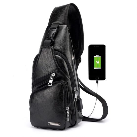 Men's Leather Sling Bag - Crossbody Bag with USB Charging Port