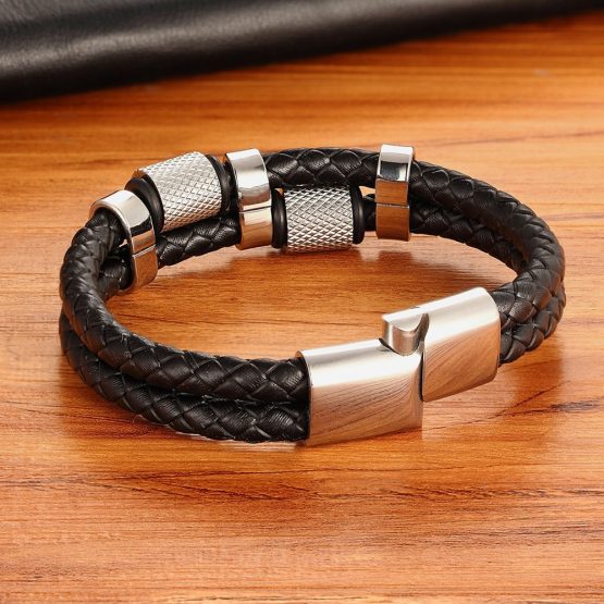 Stainless Steel And Leather Mens Bracelet