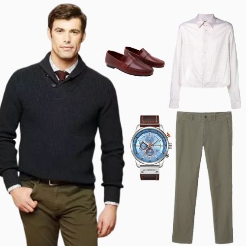 Mens shawl store collar sweater outfit