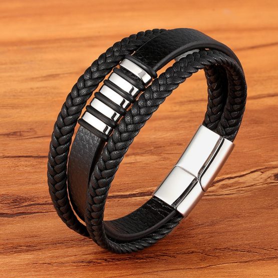 Black Gold Leather Bracelet for Men