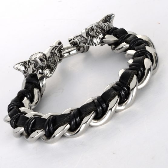 Handmade Men's 316L Stainless Steel Leather Wolf bracelet