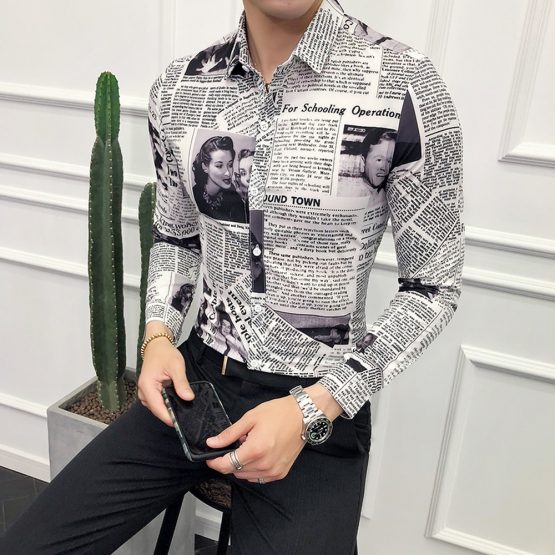 Men's Long-sleeved Newspaper Print Shirt