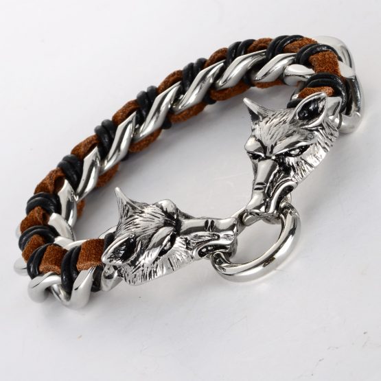 Handmade Men's 316L Stainless Steel Leather Wolf bracelet