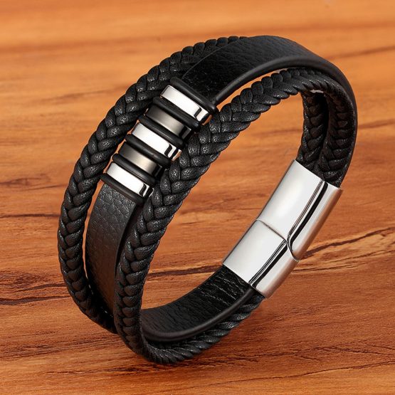 Black Gold Leather Bracelet for Men