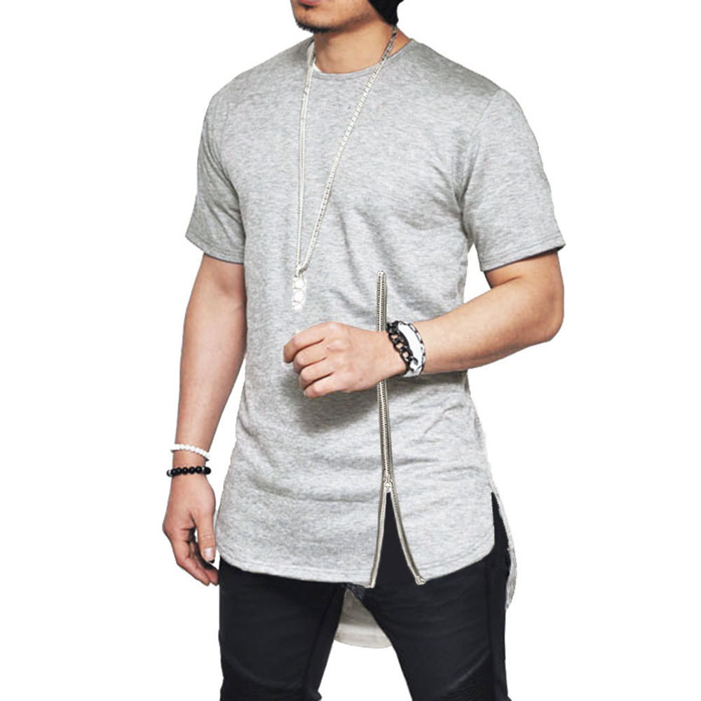 Men Short-sleeved Zip Side Slit Cotton T-shirt