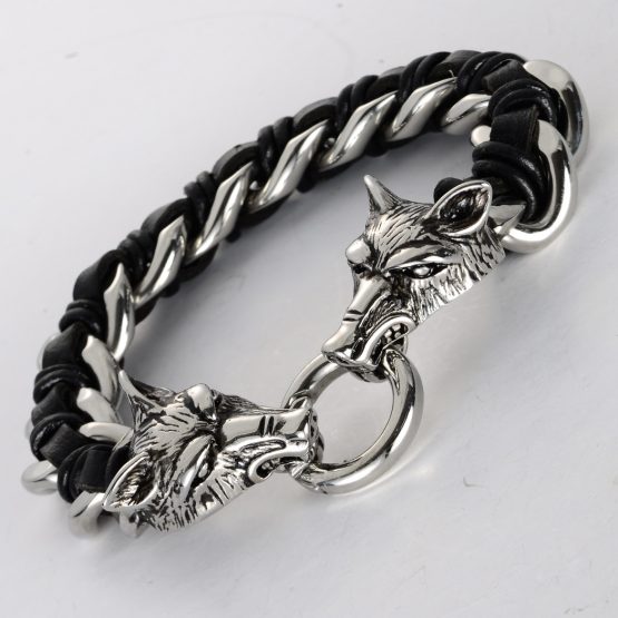 Handmade Men's 316L Stainless Steel Leather Wolf bracelet