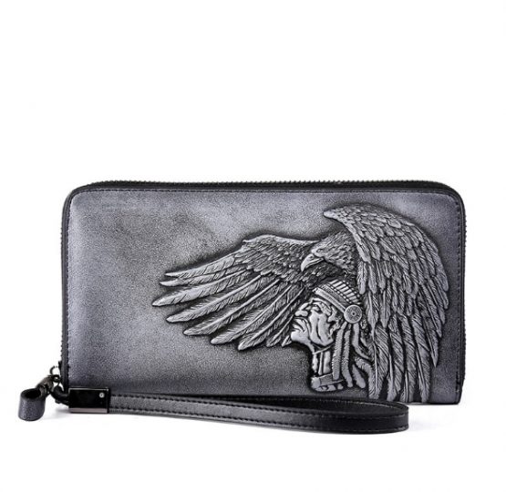 Embossed Native American Men's Leather Clutch Wallet