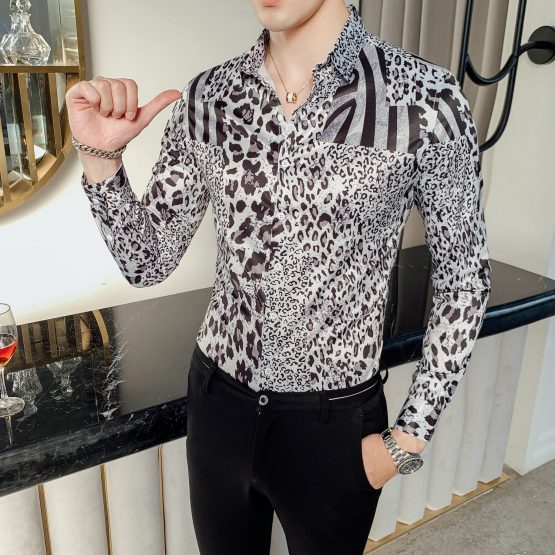 Men's Long-sleeved Leopard Print Shirt, Slim Fit