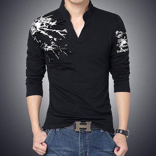 Printed Slim Fit Casual Long Sleeve T Shirt Men With V-Neck