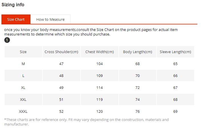 sizing information for tri color